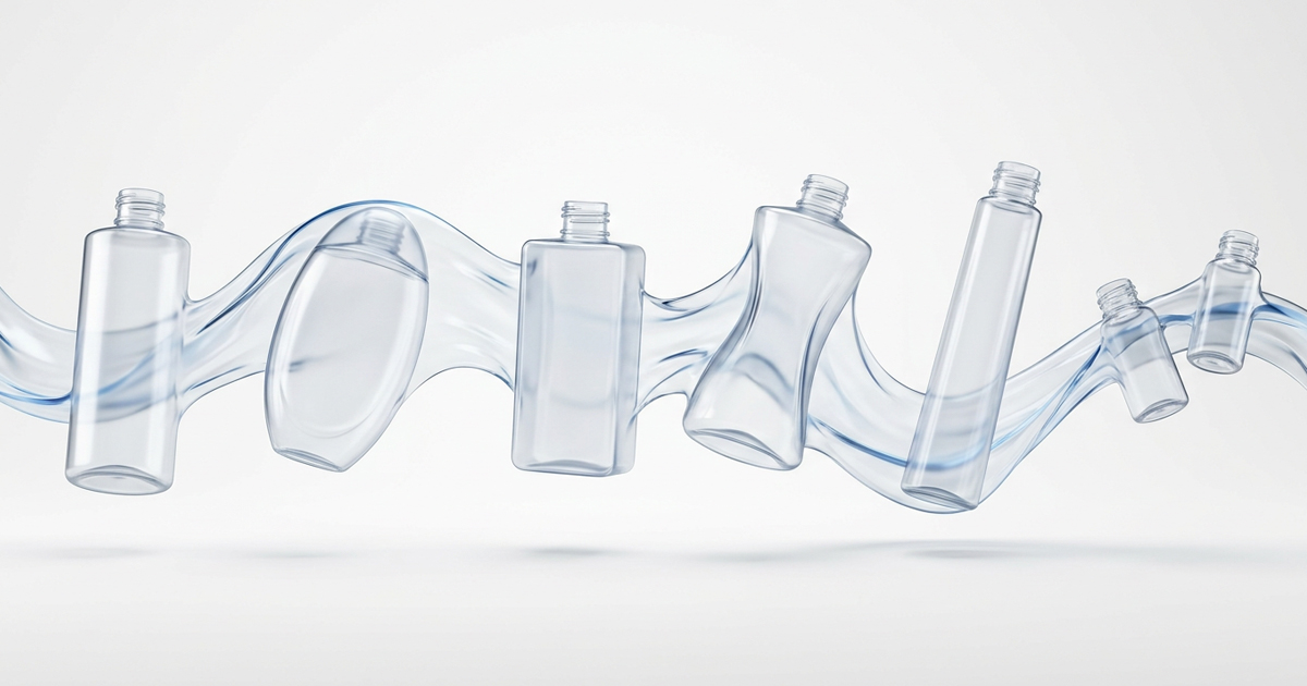 Conceptual illustration representing flexible bottle handling, robotic bottle unscrambling and multi-format packaging automation for cosmetic packaging lines.