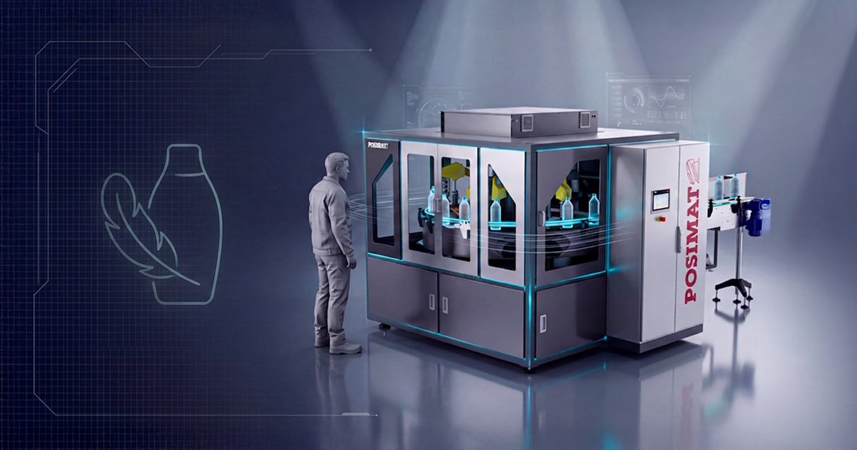 POSIMAT COMPACTBOT rotary robotic bottle unscrambler shown with operator scale for automated packaging lines and gentle bottle handling.