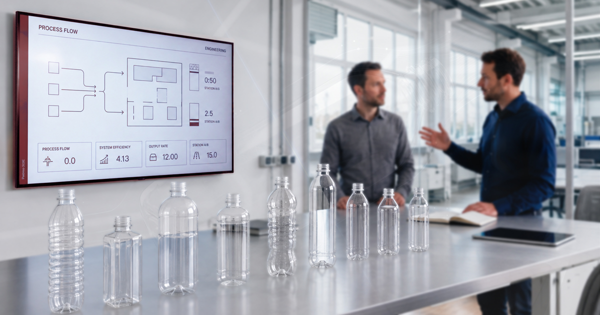Engineers reviewing a packaging machinery process flow on screen beside a range of empty plastic bottles during technical project planning.