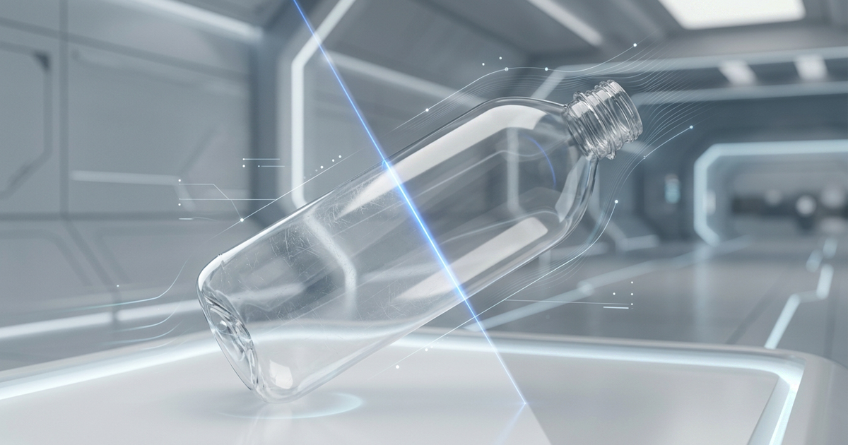 Transparent empty PET bottle inspected by a blue scanning beam, representing bottle scuff prevention, bottle damage inspection and gentle bottle handling in automated packaging lines.