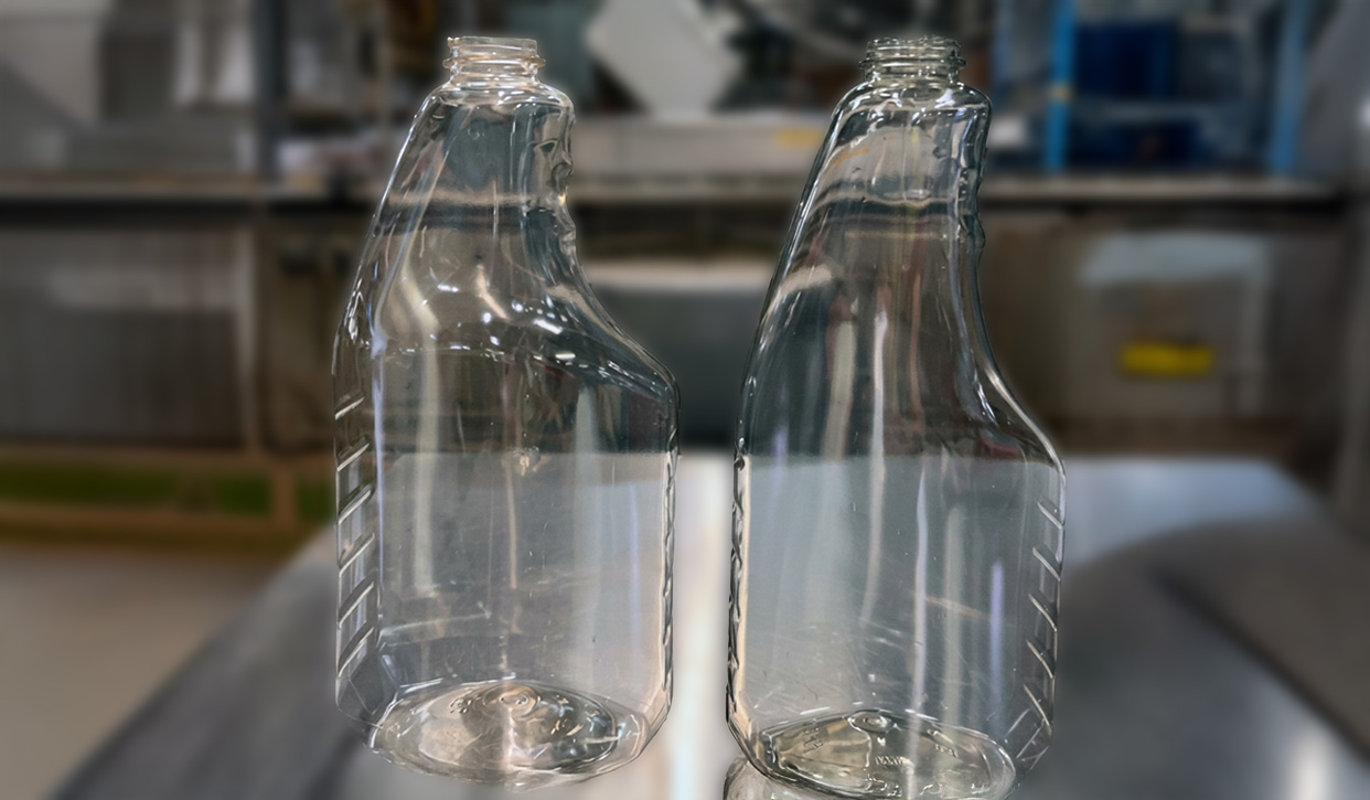 Comparison of virgin PET and recycled PET bottles in a POSIMAT packaging line
