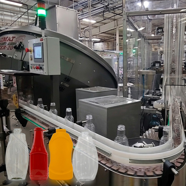 POSIMAT gravity bottle unscrambler operating in a food line, improving production efficiency while reducing maintenance requirements.