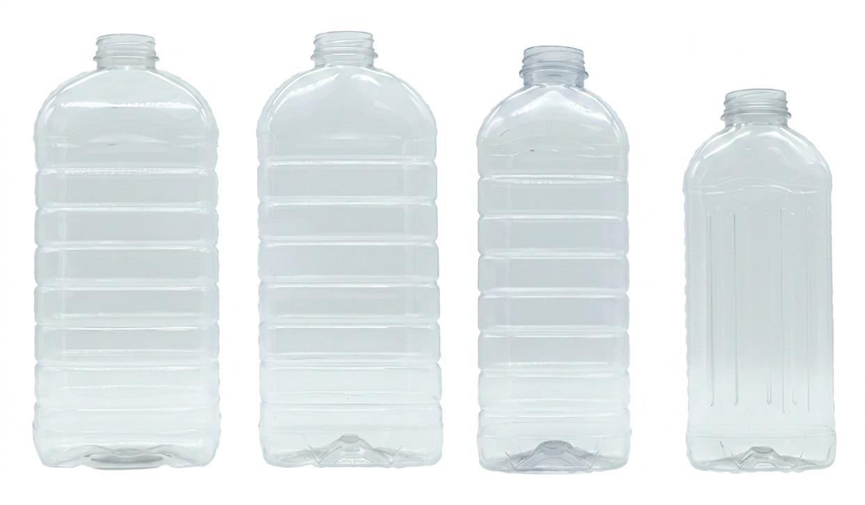 Different square PET bottle formats compatible with POSIJET air conveyors for efficient empty bottle handling and transport.