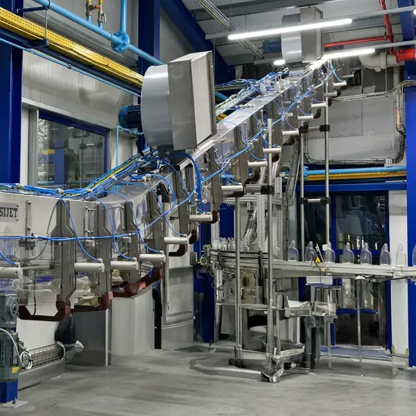POSIJET and VERTIJET air conveyor systems transporting PET bottles through vertical and elevated sections of a high-speed bottling line.