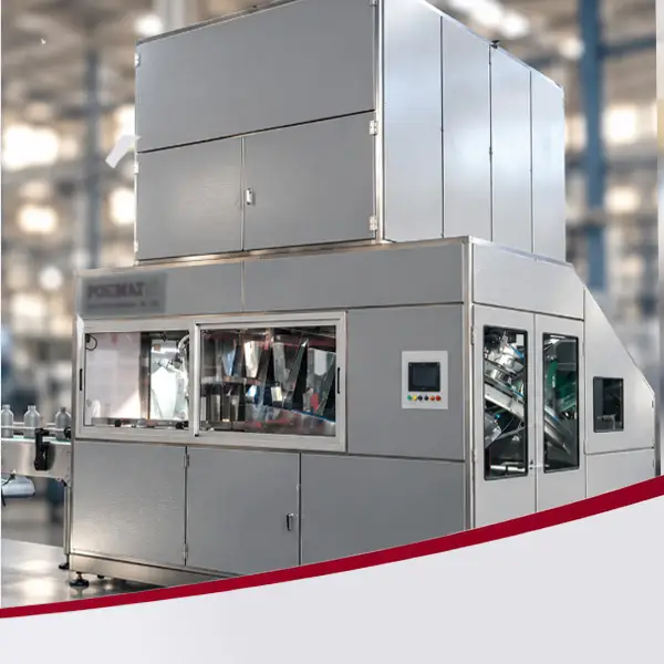 POSIMAT bottle unscrambler with silo for automated bottle feeding in a packaging line
