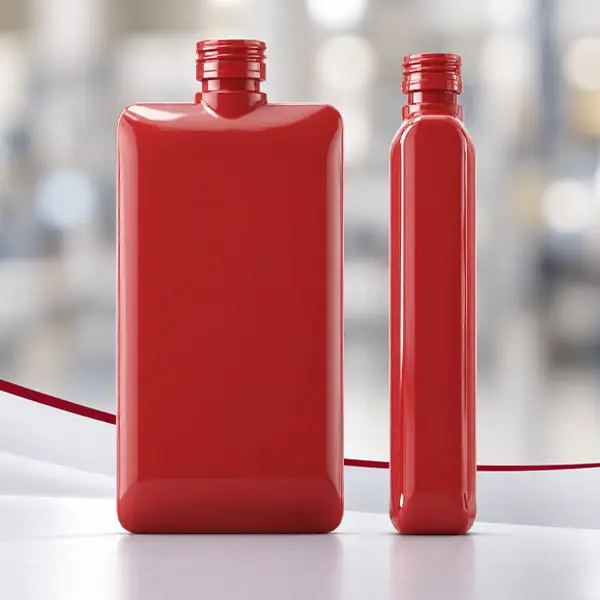 Red PET bottles for spirits packaging, prepared for automatic handling in a packaging line with a POSIMAT bottle unscrambler.