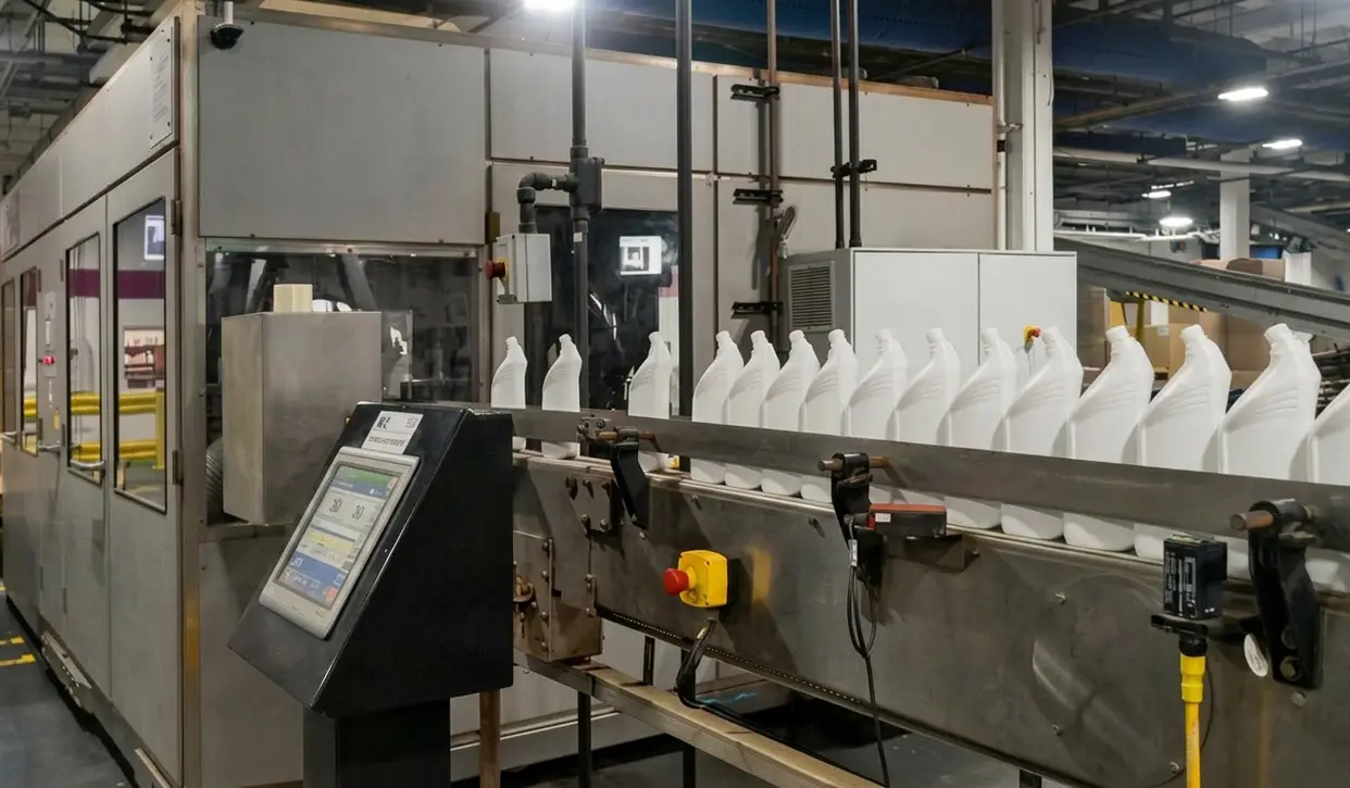 POSIMAT air conveyor solution moving PET bottles through a high-speed packaging line, helping manufacturers reduce bottlenecks, improve changeovers, and increase productivity.