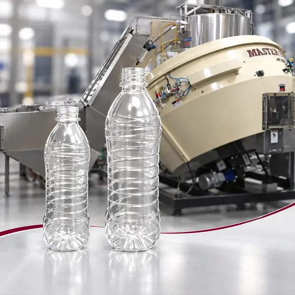 POSIMAT rotary bottle unscrambler handling transparent plastic bottles on a packaging line.