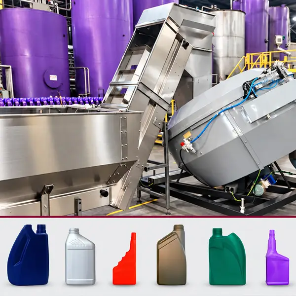 POSIMAT bottle unscrambler and automated bottle feeding system installed in a production line, with examples of different plastic container shapes.