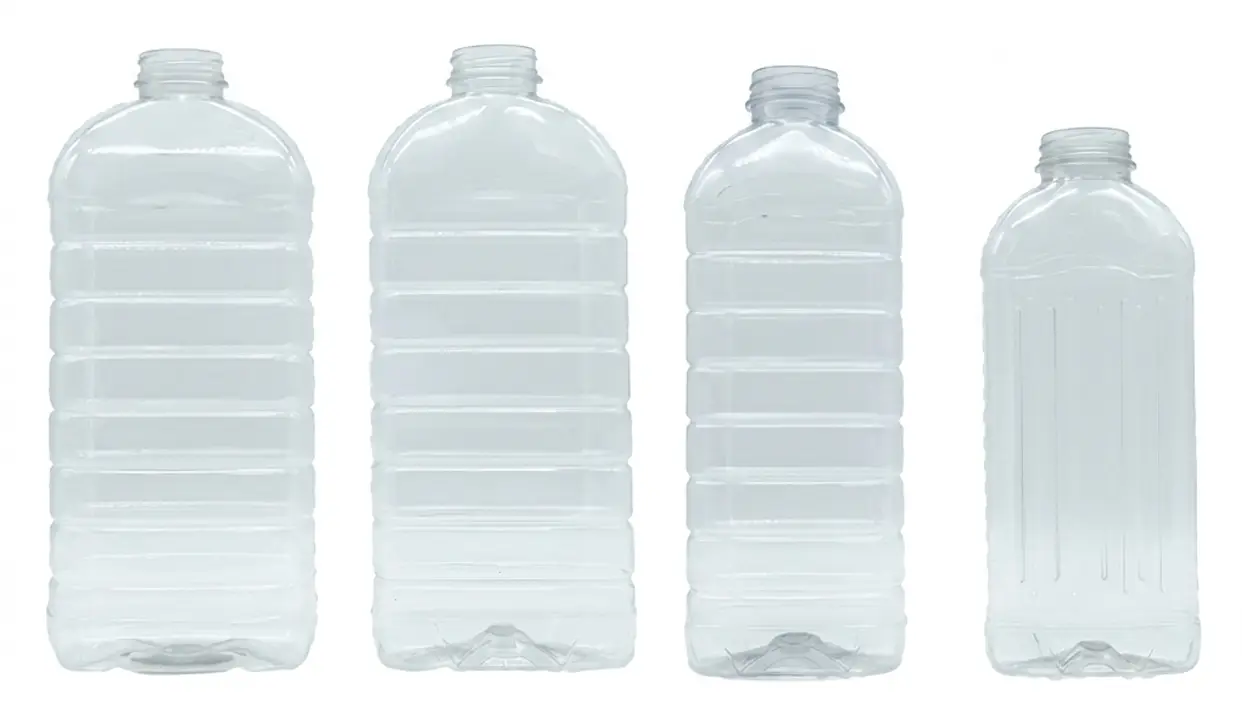 Different square PET bottle formats compatible with POSIJET air conveyors for efficient empty bottle handling and transport.