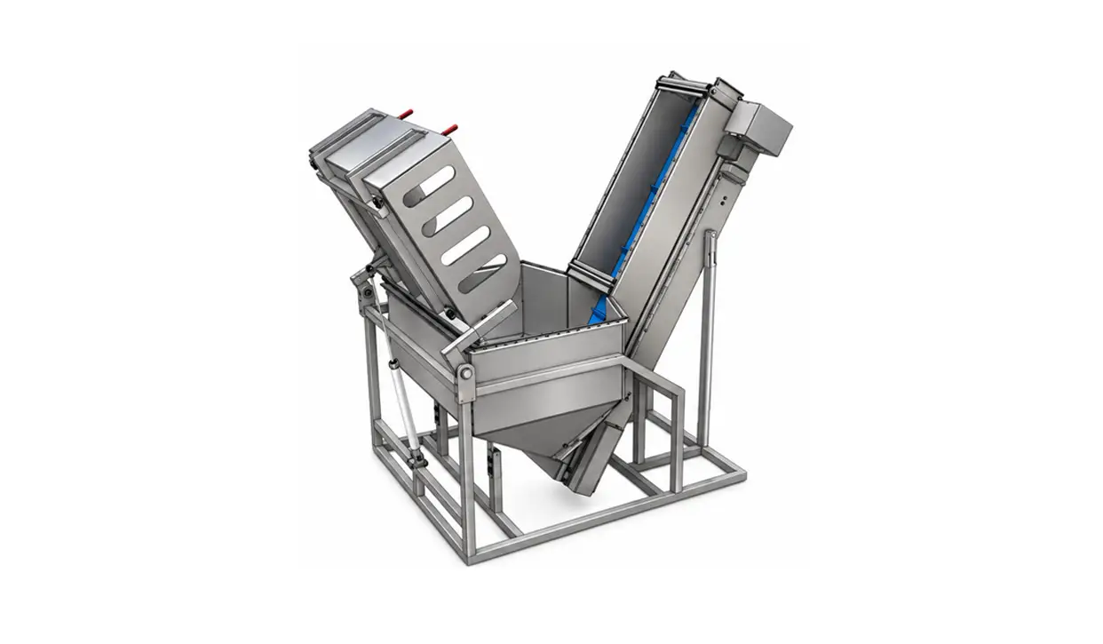 Fully automated bottle feeding hopper designed to supply a POSIMAT bottle unscrambler for efficient empty bottle handling in a pharmaceutical filling line.