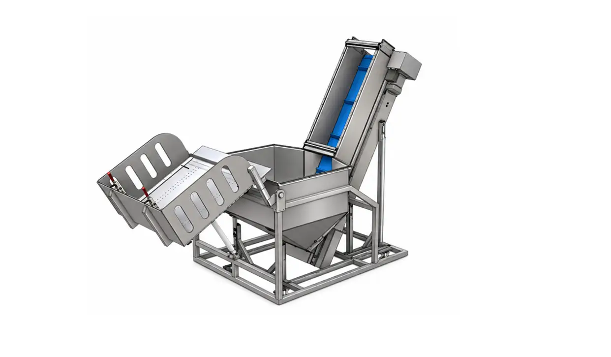 Fully automated bottle feeding hopper designed to supply a POSIMAT bottle unscrambler for efficient empty bottle handling in a pharmaceutical filling line.