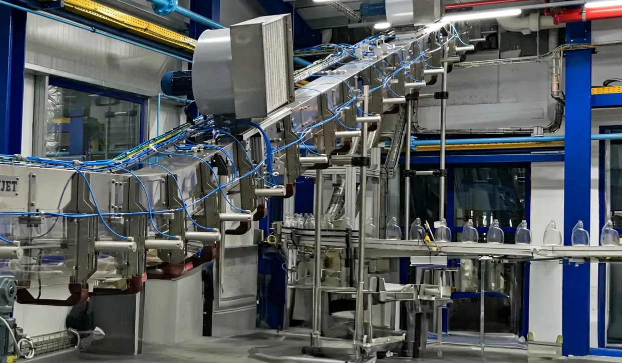 POSIJET and VERTIJET air conveyor system integrated into a high-speed bottling line for efficient PET bottle transport and vertical handling.