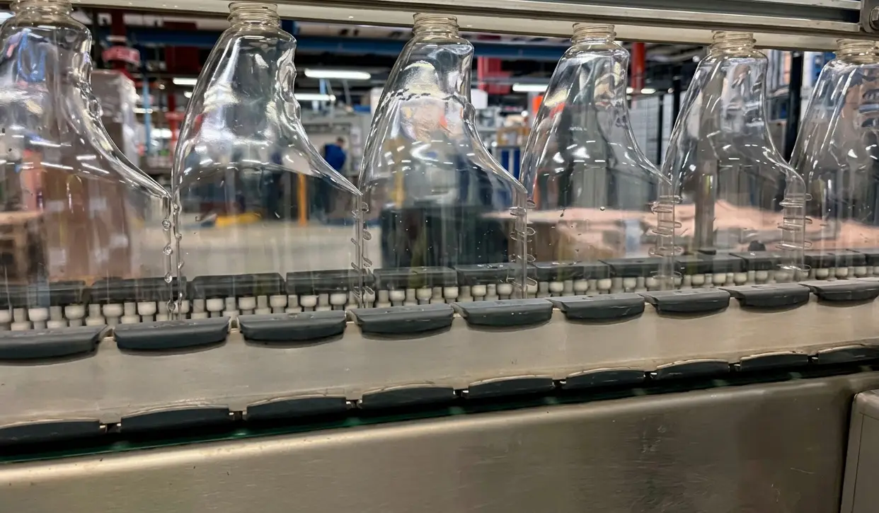recycled PET bottles running efficiently through a POSIMAT  bottle unscrambling system