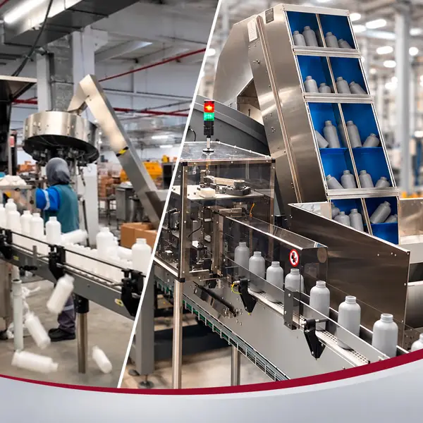 Automatic bottle feeding with a POSIMAT bottle unscrambler vs manual feeding, showing bottles falling during manual handling in a packaging line.